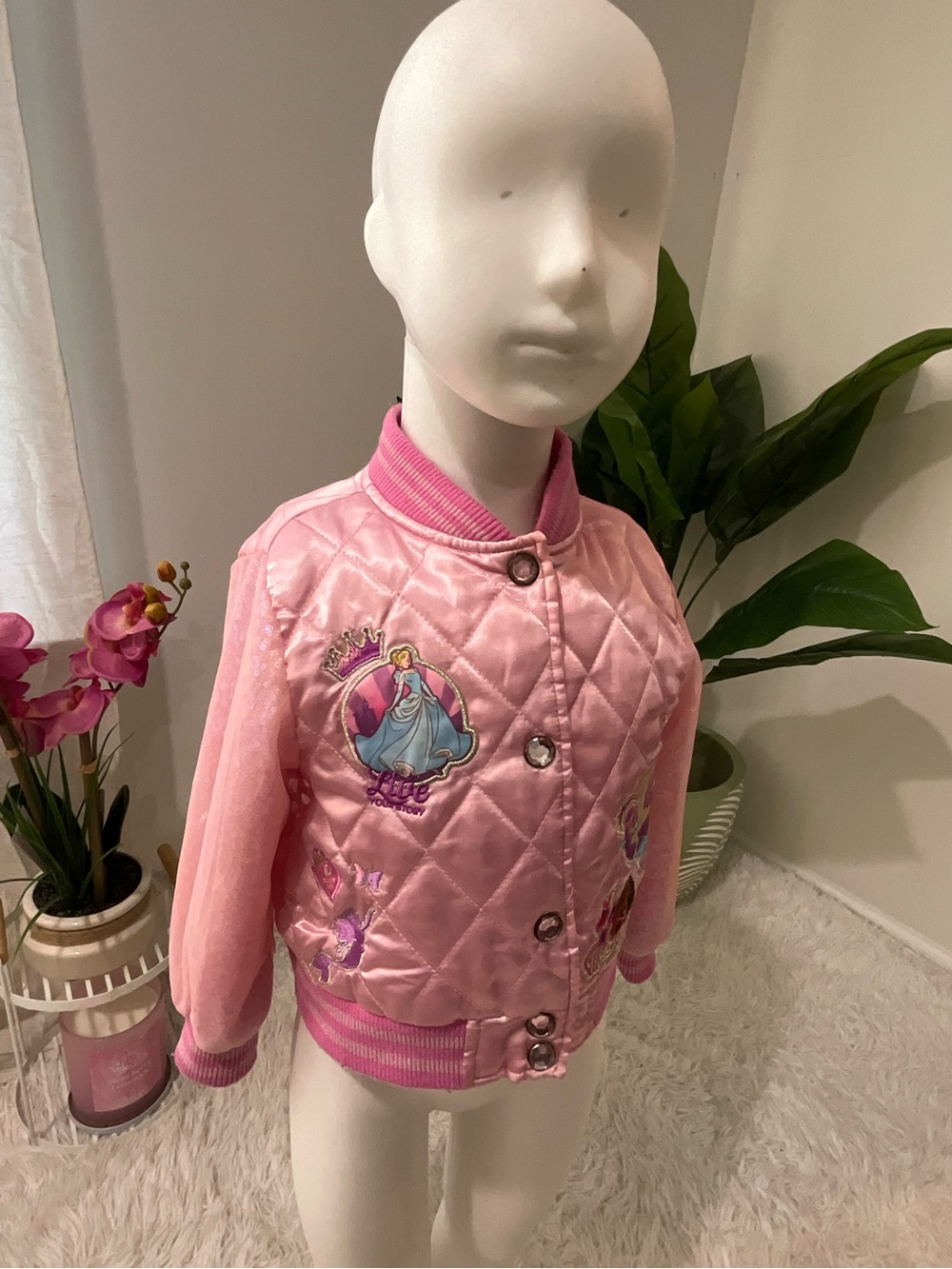 Disney Girls' Pink Quilted Princess Bomber Jacket